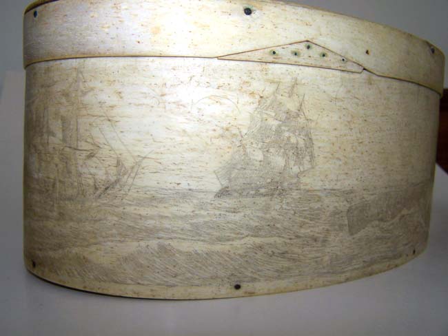 A large oval 19th century 'Four Finger' ANTIQUE Scrimshawed Whalebone 'DITTY" Box — image 3